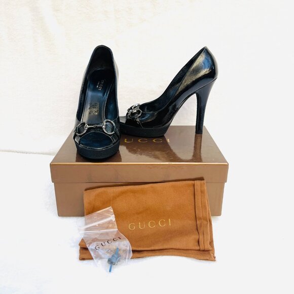 Auc Gucci Horsebit Patent Leather Open Toe Heels - Picture 11 of 12